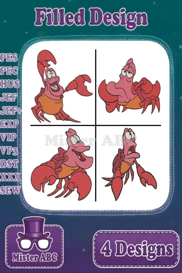 A vibrant embroidery collection featuring four distinct filled designs of Sebastian the crab from The Little Mermaid.