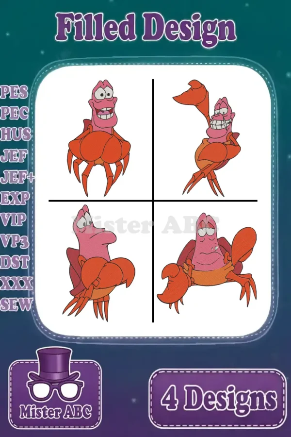 A compilation of four filled embroidery designs featuring Sebastian the crab in various expressive poses, ready for stitching.