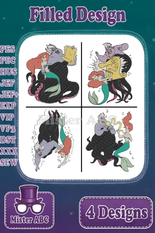 A collage of four vibrant filled embroidery designs featuring Ariel and Ursula from The Little Mermaid, ready for crafting.