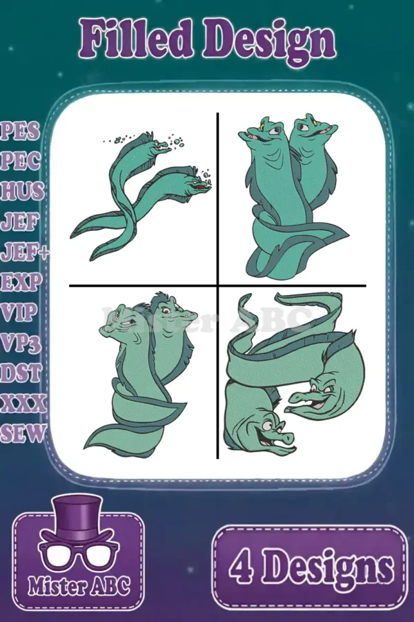 Four distinct filled embroidery designs of Flotsam and Jetsam, Ursula's eels, in various mischievous poses. Supports multiple machine formats.