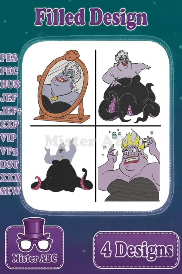 A vibrant collage showcasing four distinct filled embroidery designs of Ursula from Disney's The Little Mermaid, ready for various projects.