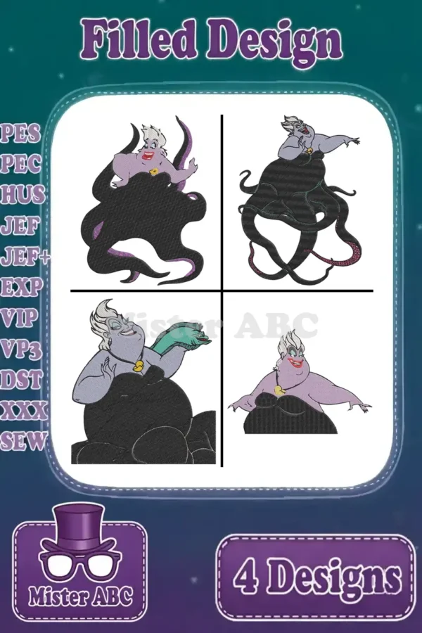 Four distinct filled embroidery designs of Ursula the sea witch, showcasing various poses and expressions for crafters.