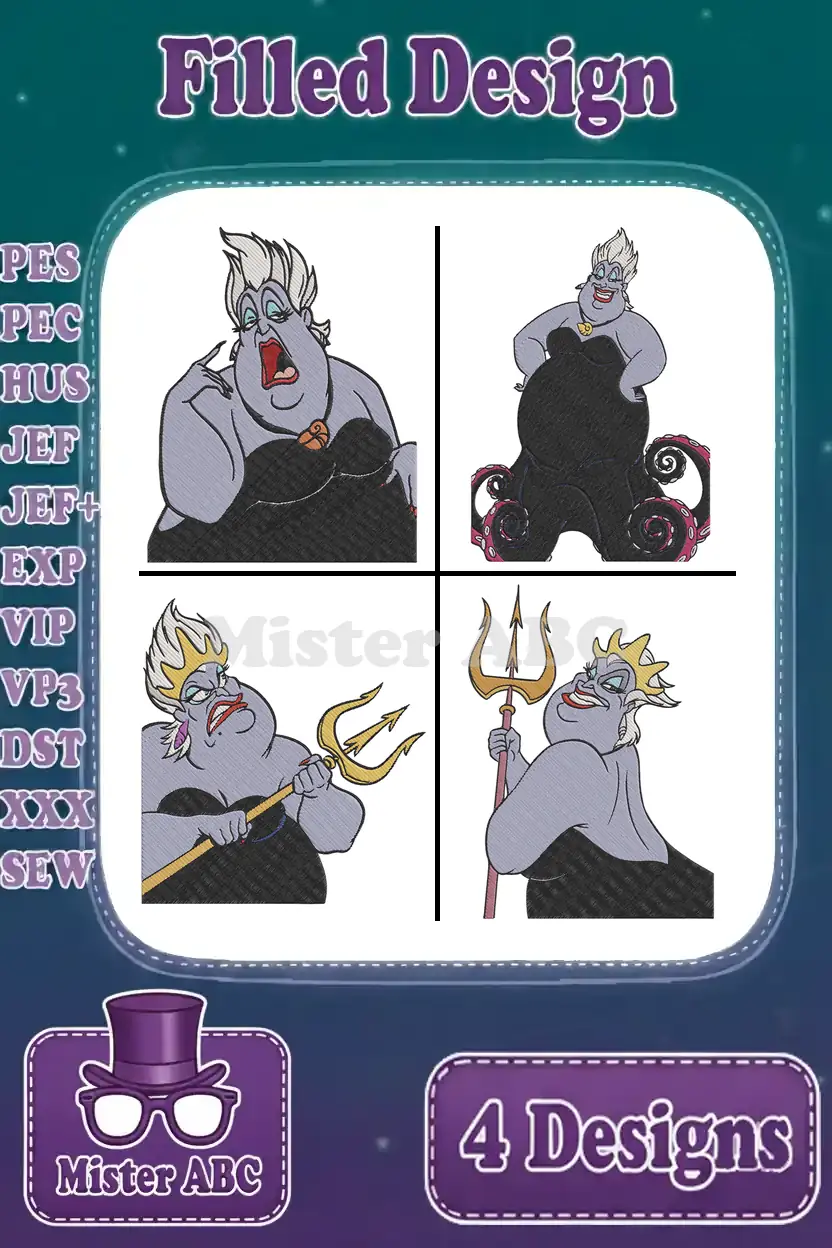 A vibrant collection of four filled embroidery designs featuring Ursula from The Little Mermaid, showcasing various poses and expressions for creative projects.