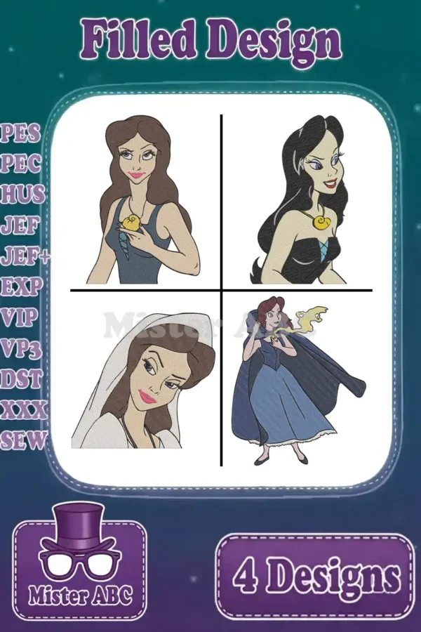 A vibrant collage showcasing four distinct filled embroidery designs: human Ariel, Ursula's human form Vanessa, Ariel in her wedding veil, and Belle from Beauty and the Beast. Detailed and ready to stitch.
