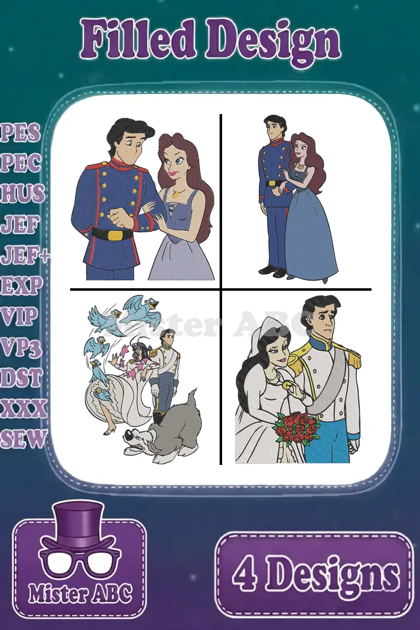 Main image displaying four distinct embroidery designs of Ariel and Prince Eric, showcasing various romantic poses and wedding scenes.