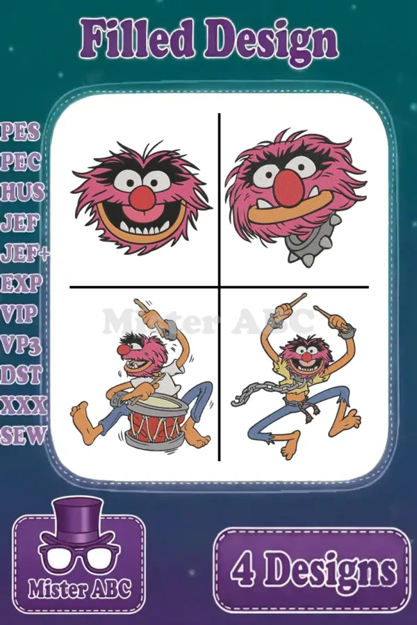 A vibrant main image featuring four distinct Animal from The Muppets filled embroidery designs for machines.