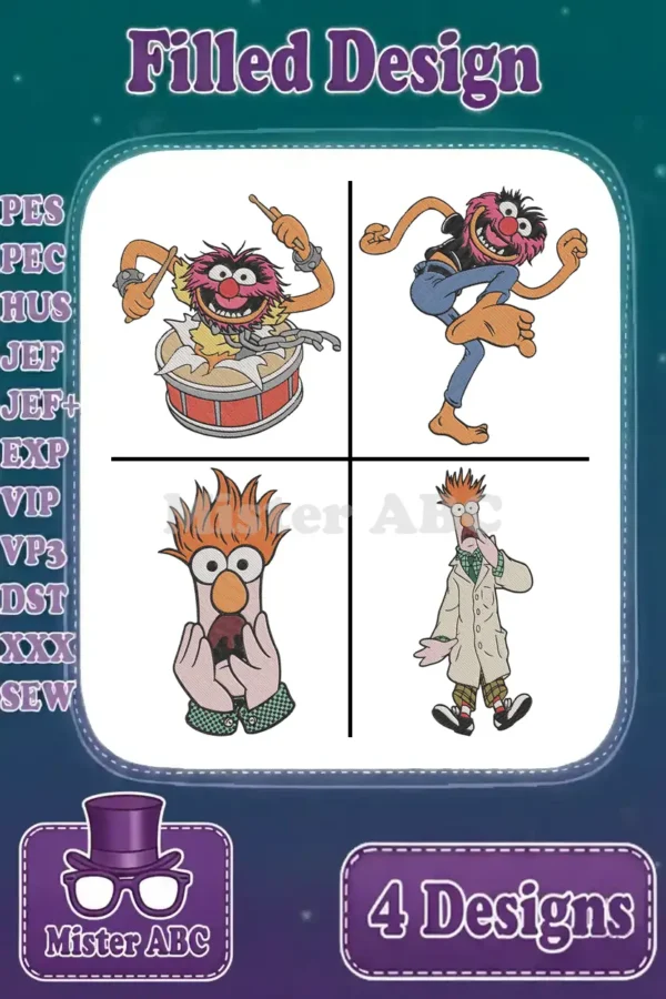 Main image displaying four vibrant filled embroidery designs: Animal drumming, Animal jumping, and two Beaker expressions.