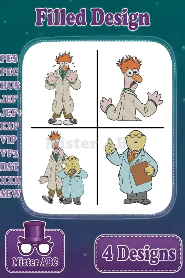 A vibrant compilation of four Muppet embroidery designs: Beaker full body, Beaker bust, Beaker with Dr. Bunsen Honeydew, and Dr. Bunsen Honeydew pointing. Filled stitch.