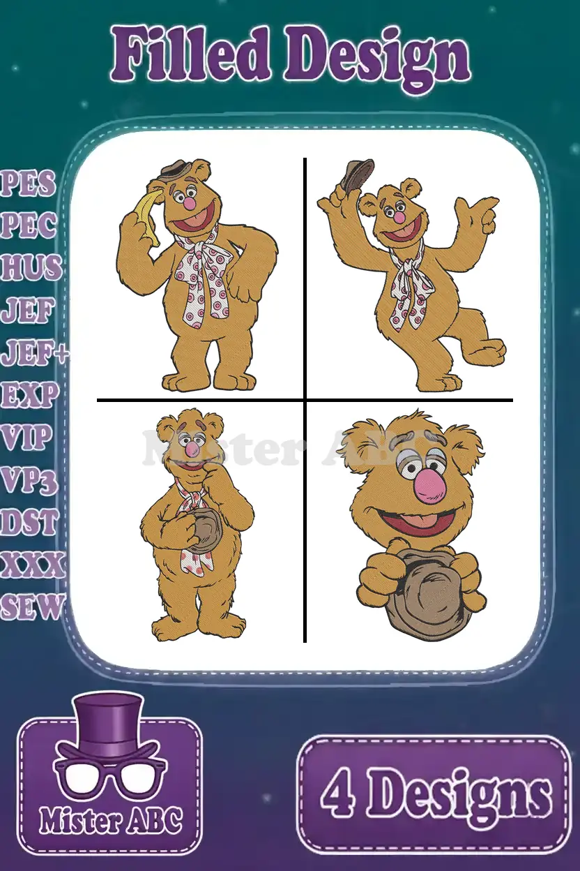 Main product image showing four distinct Fozzie Bear embroidery designs, available in multiple machine formats.