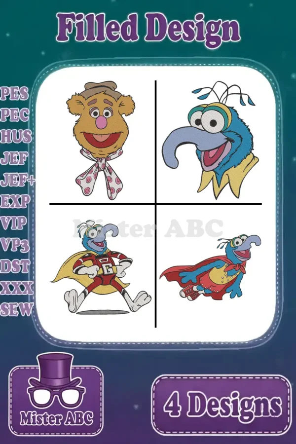 A vibrant collage of four filled Muppets embroidery designs, featuring Fozzie Bear and Gonzo in various poses.