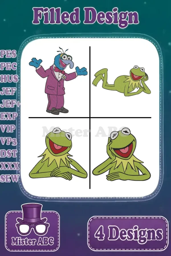A vibrant collage of four filled embroidery designs: Gonzo in a suit, Kermit lounging, Kermit smiling, and Kermit chin-resting.