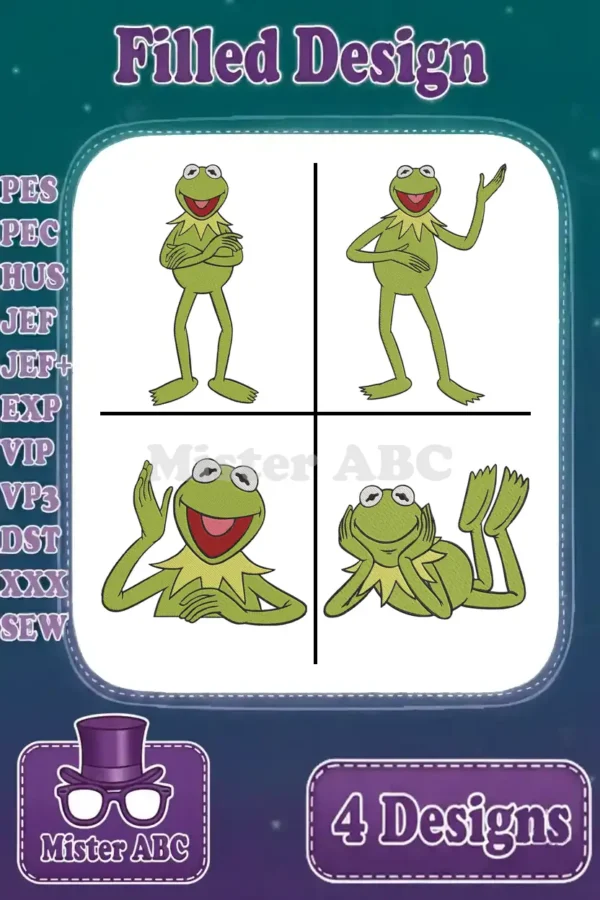Kermit the Frog embroidery bundle featuring four distinct filled designs, showcasing various popular poses available.