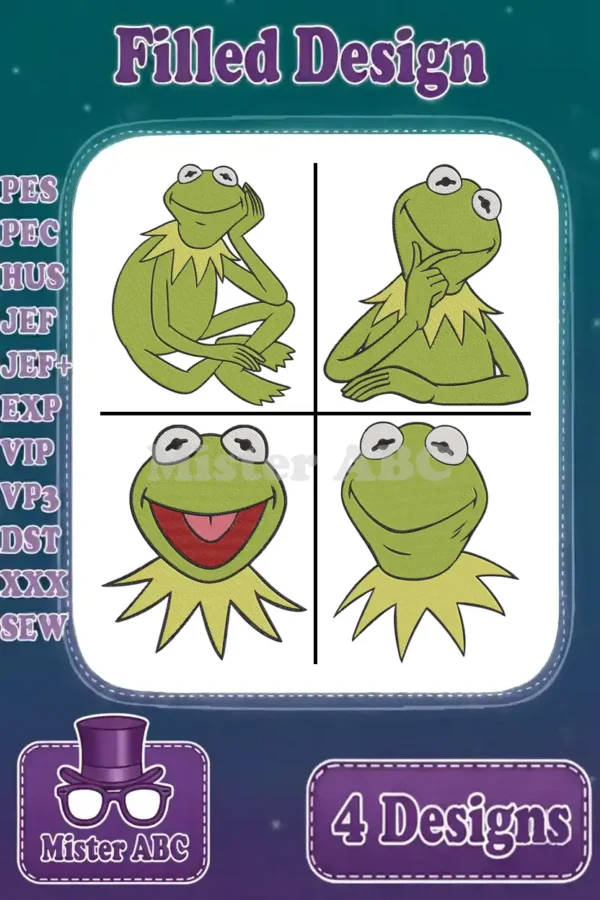 A vibrant collection of four Kermit the Frog filled embroidery designs, each in a unique, expressive pose.