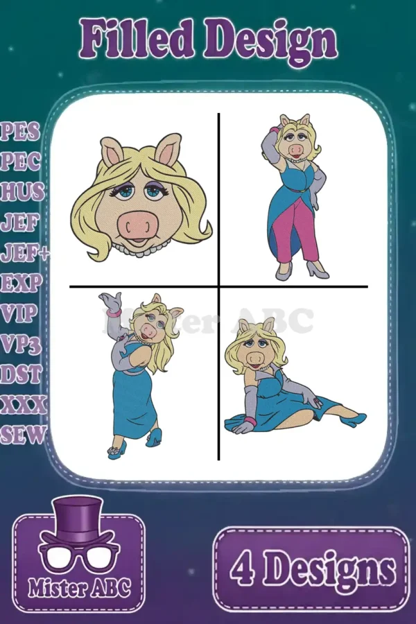 Four vibrant filled embroidery designs of Miss Piggy in various iconic poses, ready for digital download and stitching.