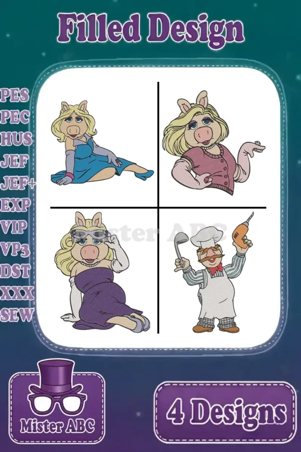 Four vibrant filled embroidery designs featuring Miss Piggy in three glamorous poses and the lively Swedish Chef.