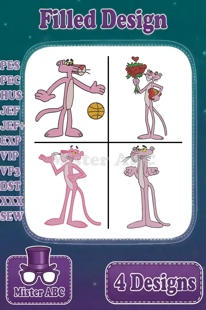 A vibrant Pink Panther embroidery bundle featuring four distinct, playful filled designs, ready for various projects.
