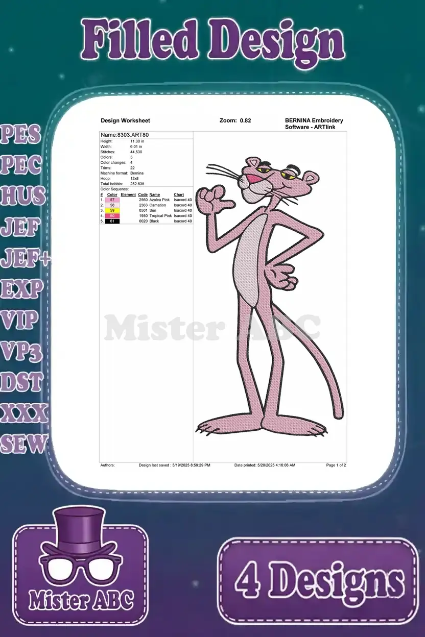 Detailed embroidery worksheet for the first Pink Panther design, showing thread colors, stitch count, and dimensions.