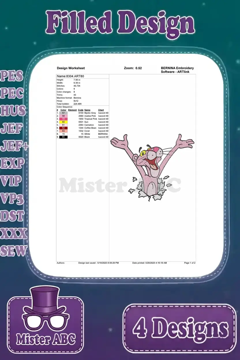 Detailed embroidery worksheet for the second Pink Panther design, showing thread colors, stitch count, and dimensions.