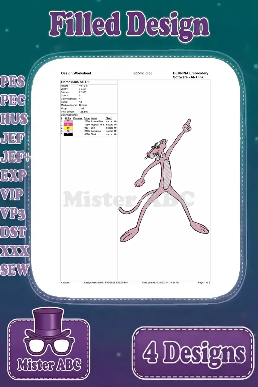 Detailed embroidery worksheet for the third Pink Panther design, showing thread colors, stitch count, and dimensions.