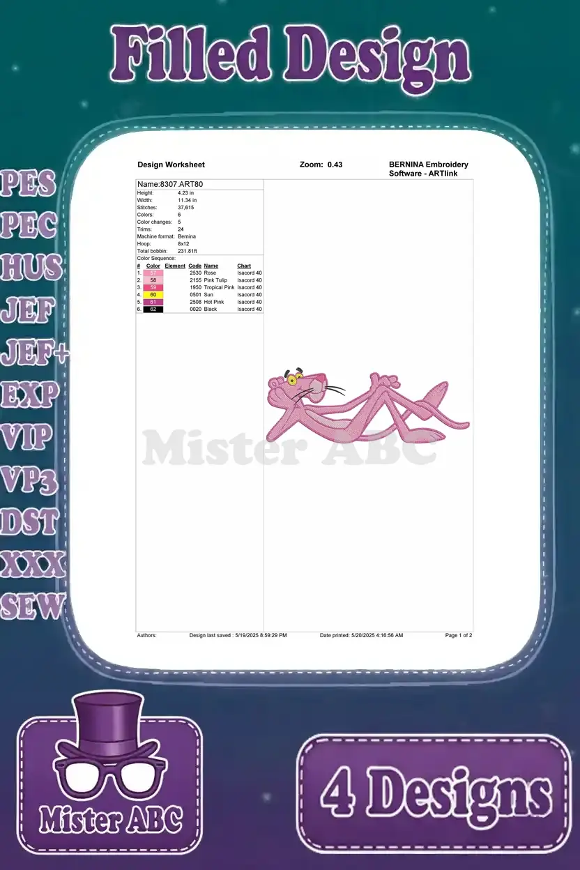 Design worksheet for the first Pink Panther embroidery, showing stitch count, color sequence, and lying pose details.