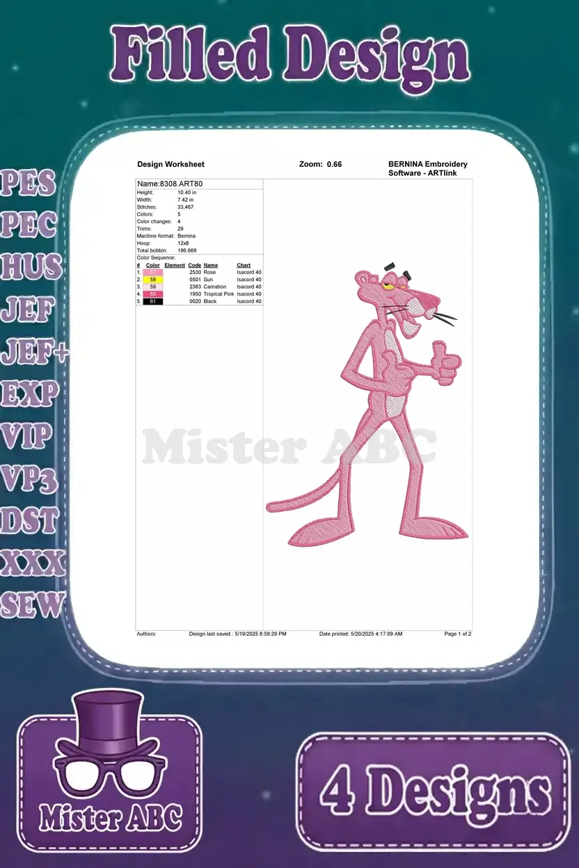 Design worksheet for the second Pink Panther embroidery, detailing stitch count, color sequence, and thumbs-up pose.