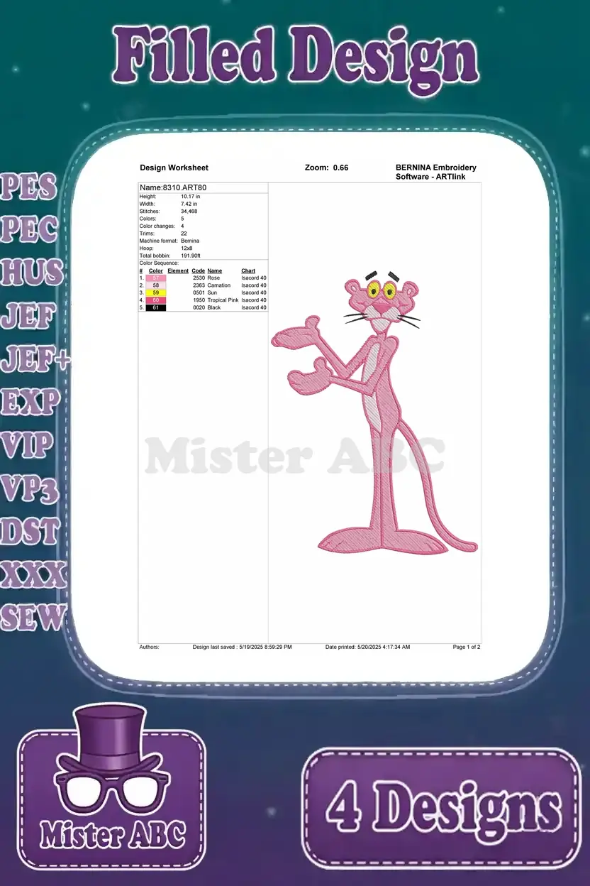 Design worksheet for the fourth Pink Panther embroidery, detailing stitch count, color sequence, and gesturing pose.