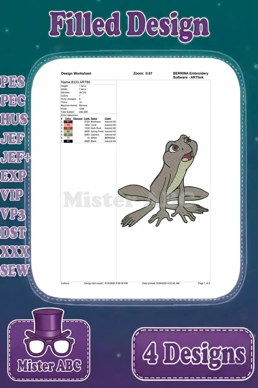 Detailed design worksheet for the first frog embroidery, showcasing thread colors, stitch count, and design name.