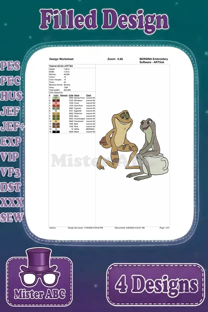 Design worksheet for the second frog embroidery, a pair of frogs, detailing stitch count, colors, and thread types.