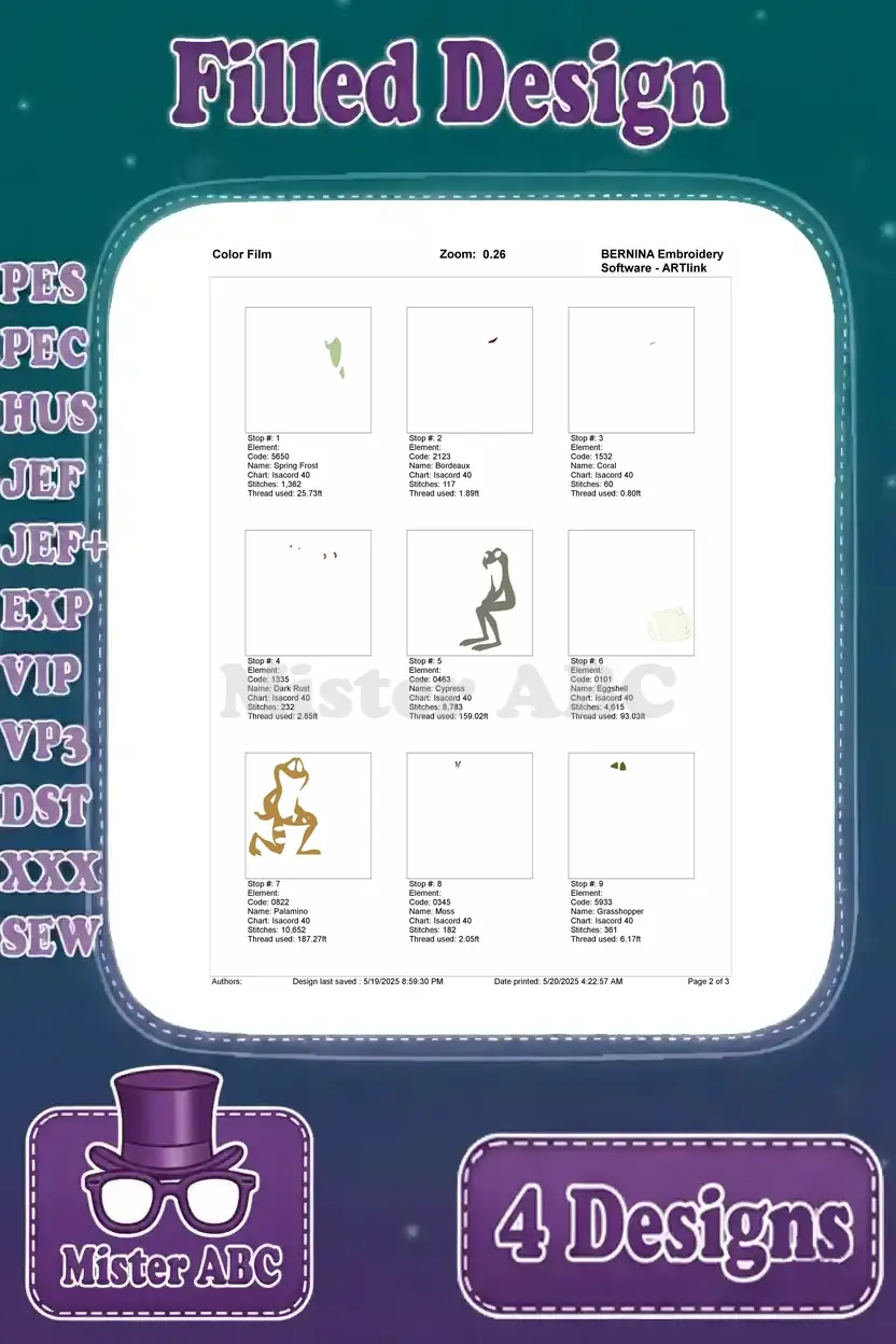 First page of the color film for the second embroidery design, showcasing initial stitch sequences for the paired frogs.