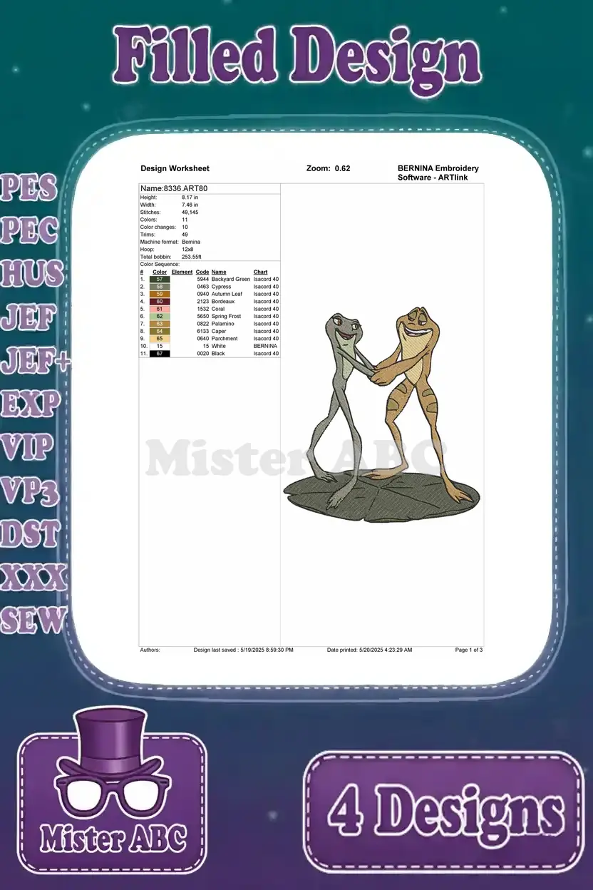 Design worksheet for the fourth frog embroidery, depicting two dancing frogs, with stitch counts and color information.