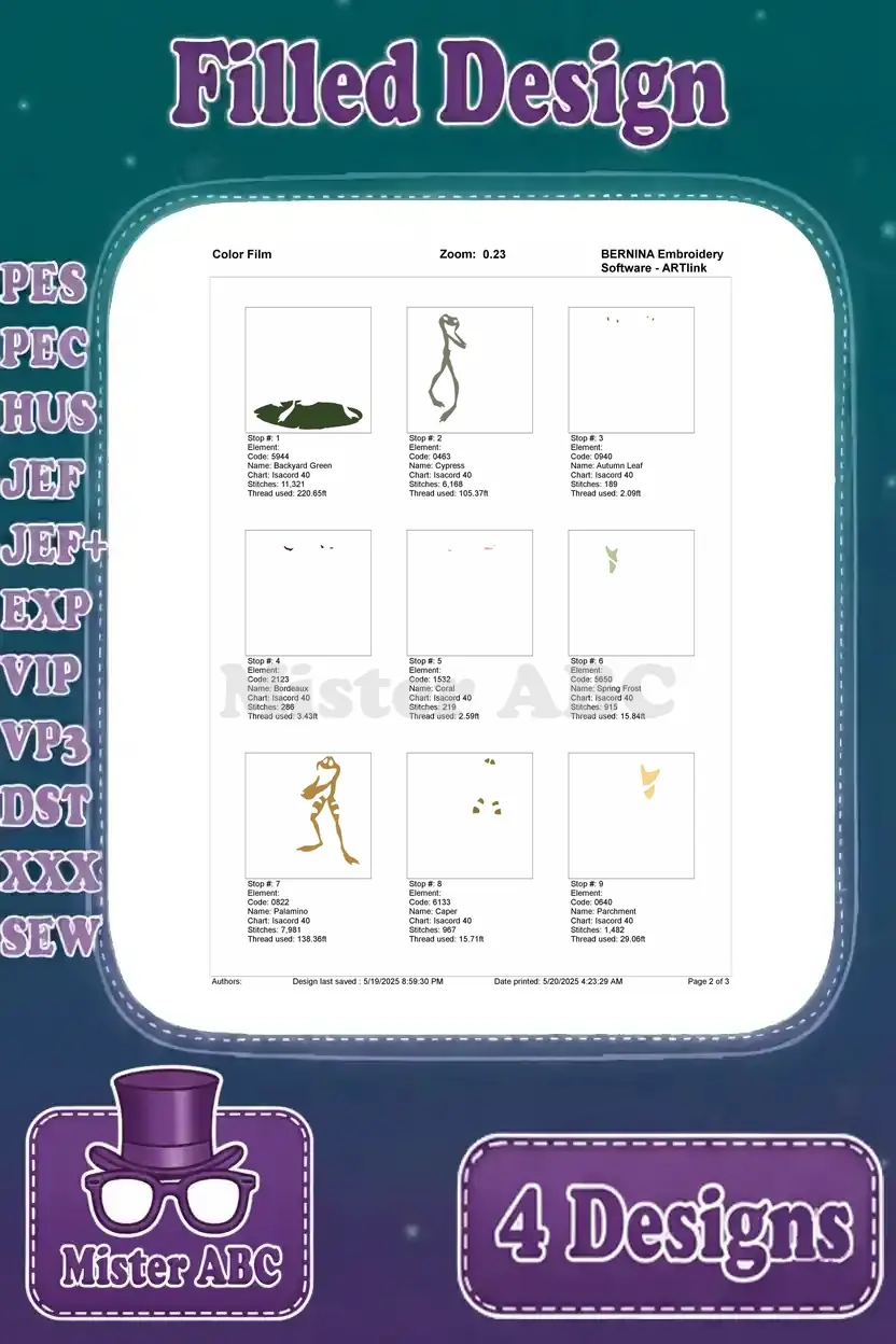 First page of the color film for the fourth embroidery design, showing initial stitch sequences for the dancing frogs.