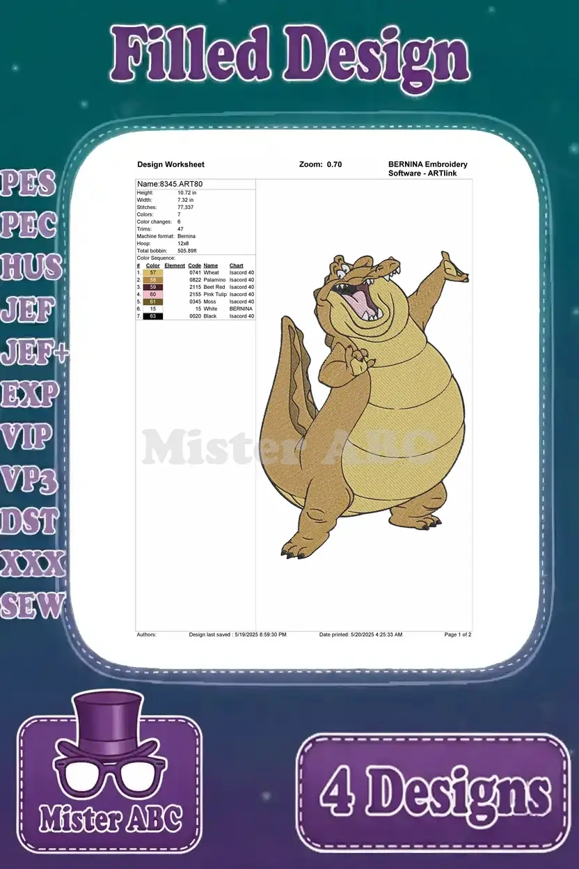 Detailed design worksheet for Louis the Alligator standing with arm raised, showing stitch count and color sequence.