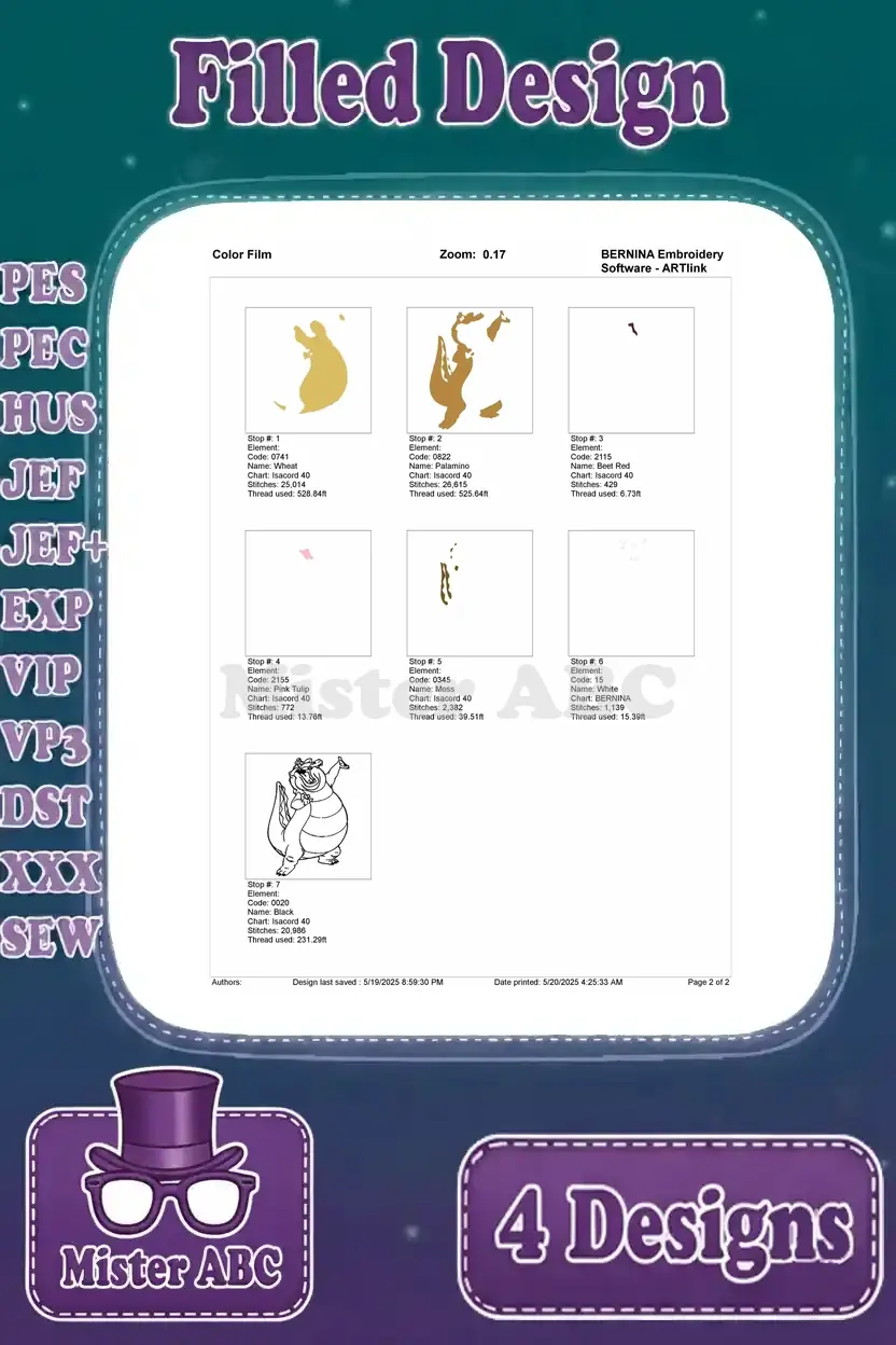 Color film breakdown for Louis the Alligator standing design, showing each stitch stop and thread application.