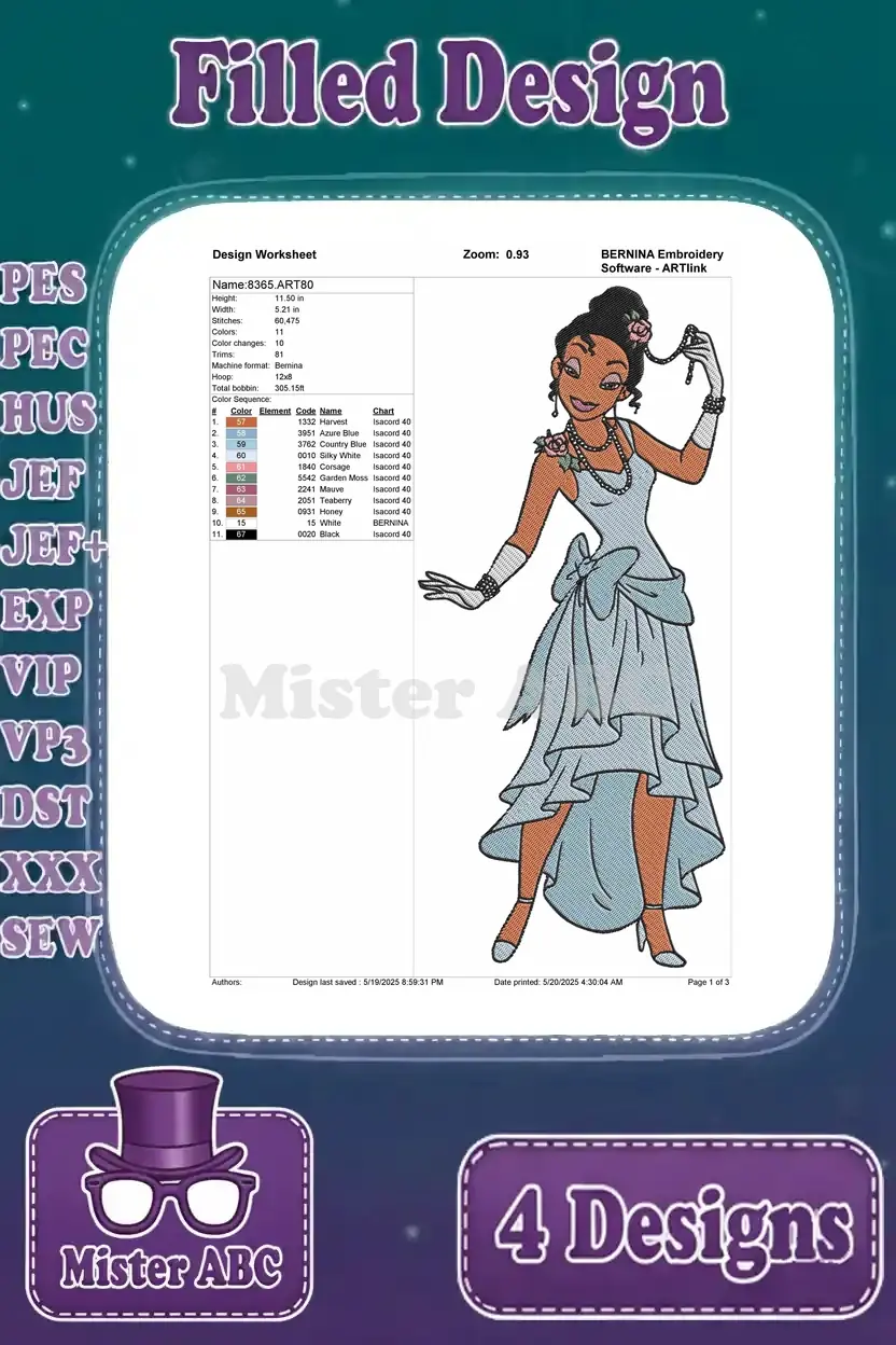 Detailed design worksheet for Princess Tiana in a blue gown, indicating stitch count, color changes, and thread codes.