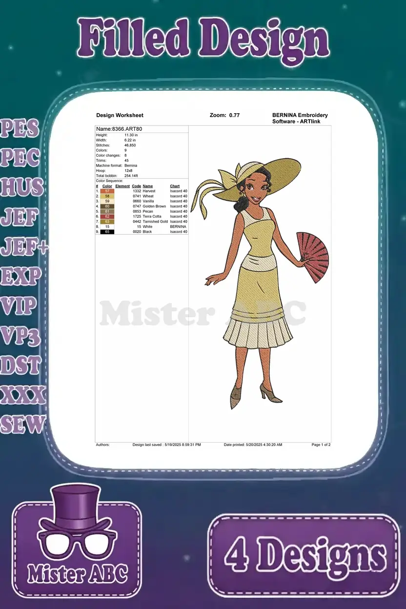 Detailed design worksheet for Princess Tiana in her yellow dress with hat and fan, showing stitch and color specs.