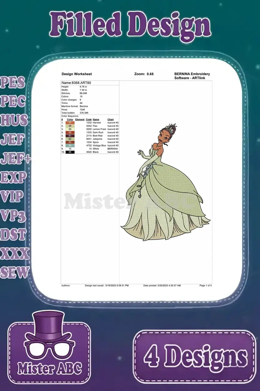 Detailed design worksheet for Princess Tiana in her flowing green gown, listing stitches, colors, and changes.