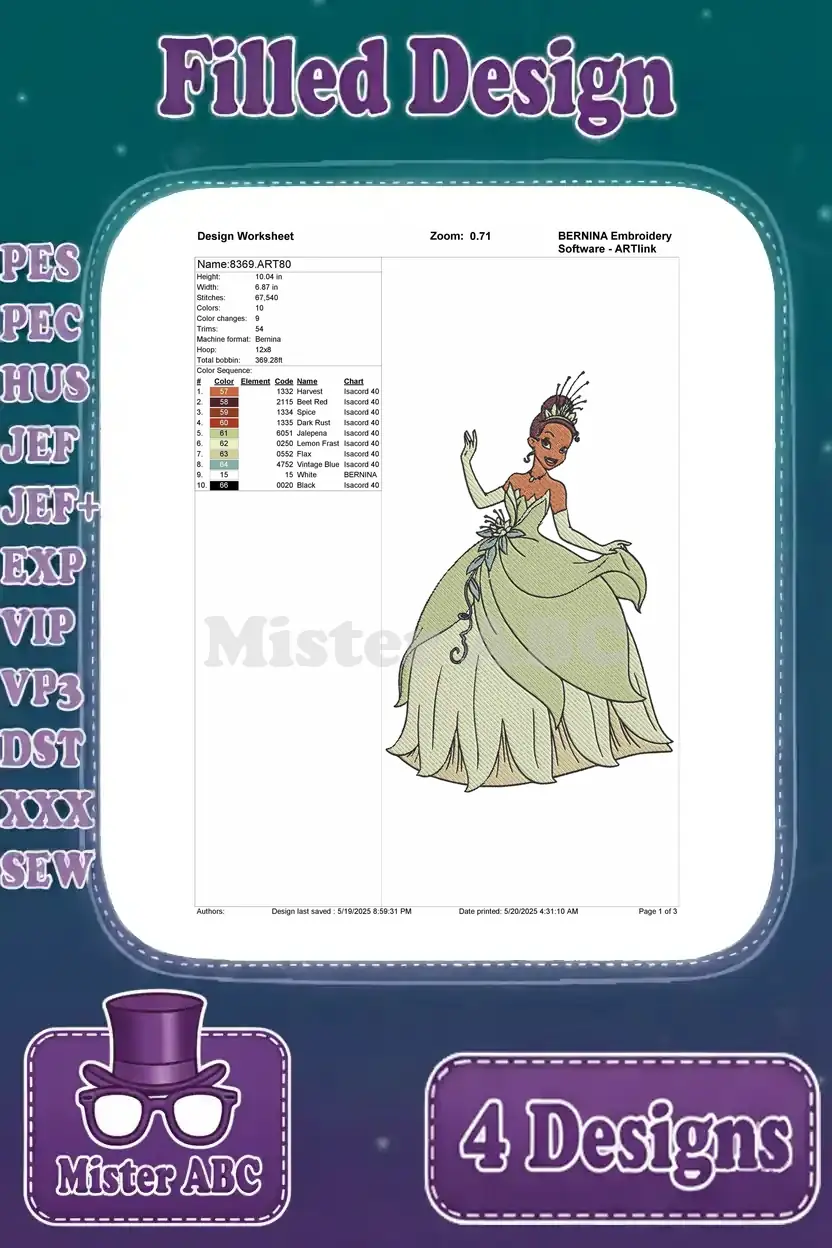 Detailed design worksheet for the first Princess Tiana embroidery, outlining stitch count, colors, and thread types.