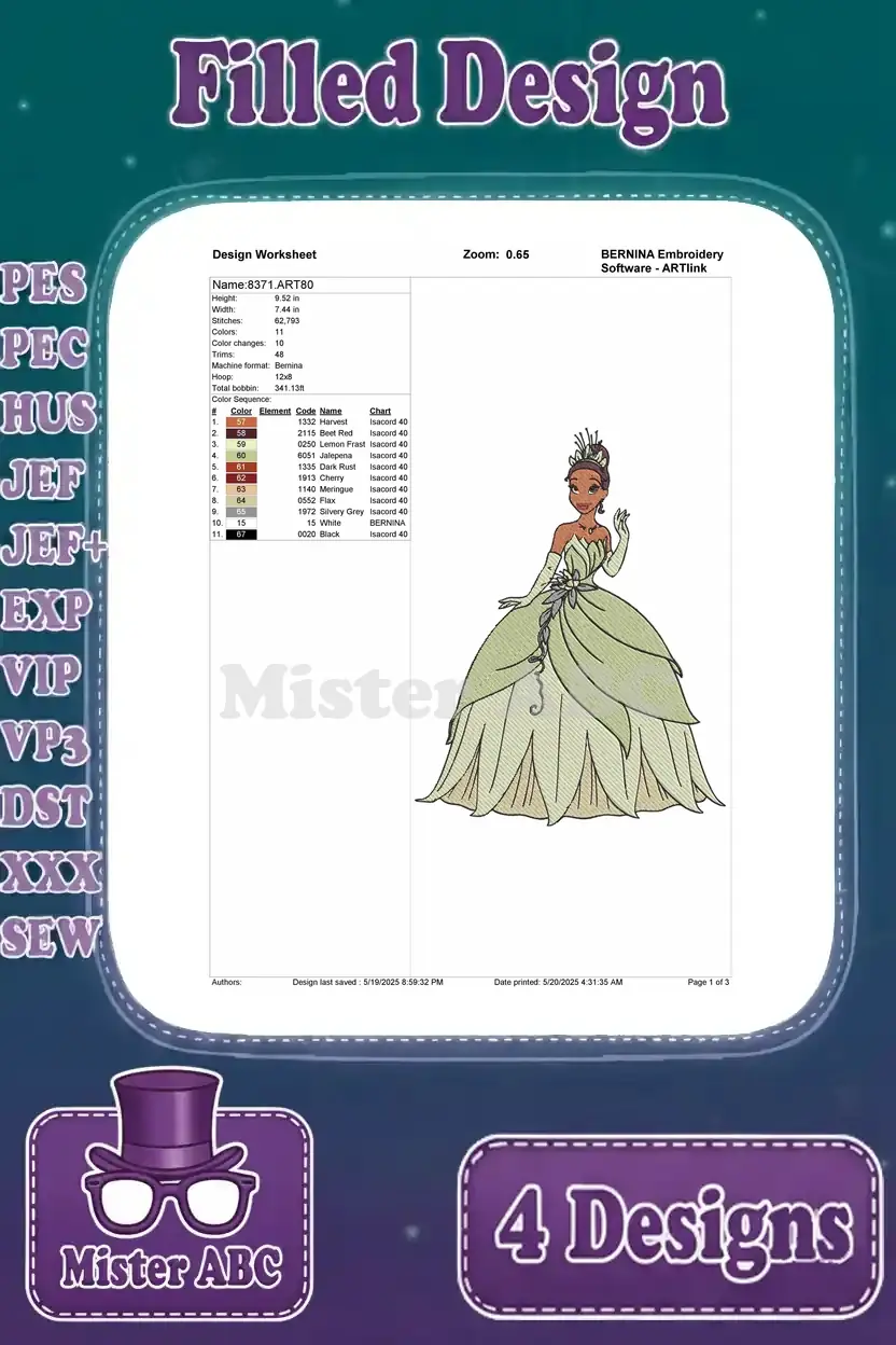 Detailed design worksheet for the third Princess Tiana embroidery, outlining stitch count, colors, and thread types.