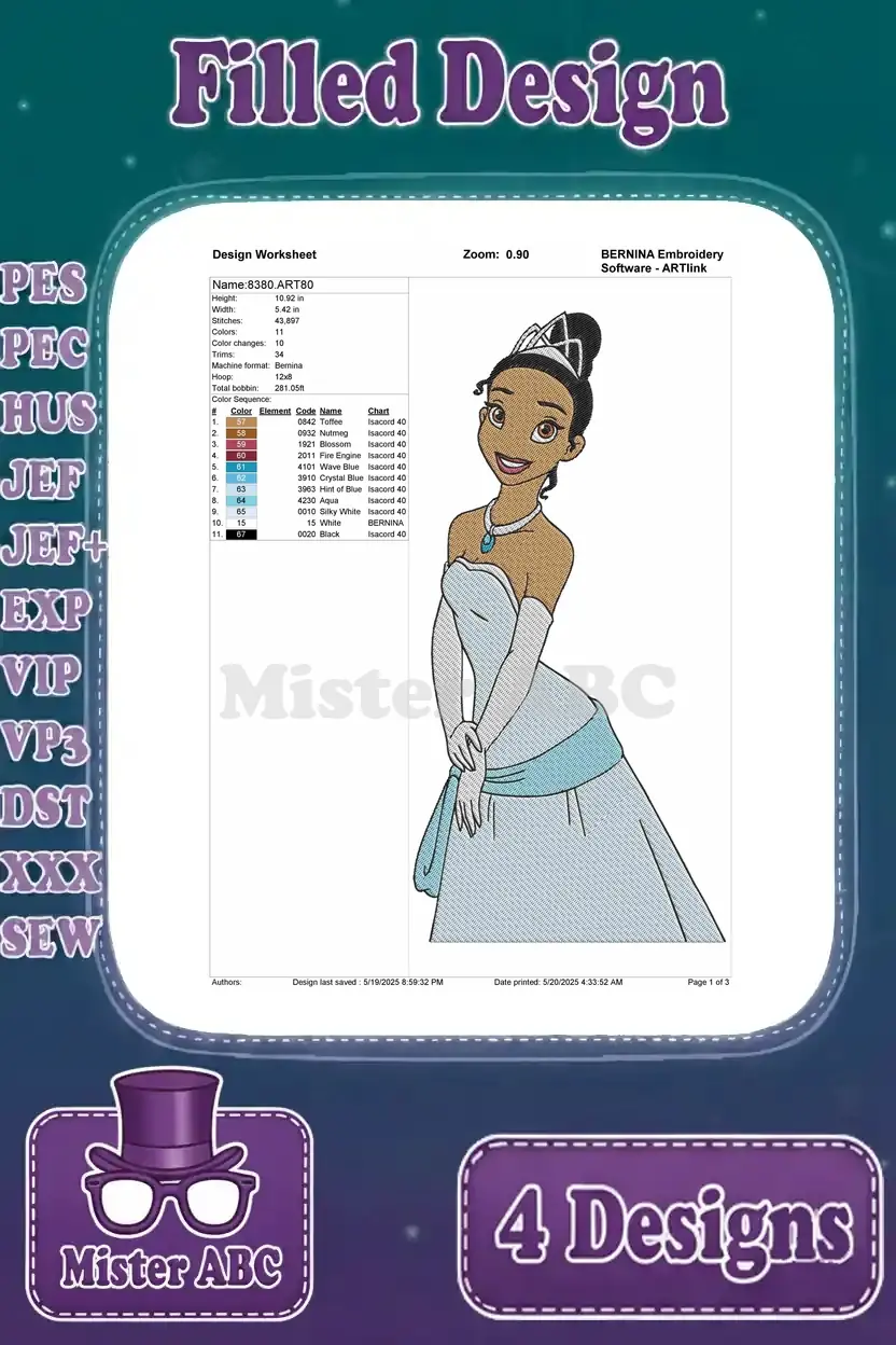 Detailed design worksheet for the fourth Princess Tiana filled embroidery file, showing stitch count and colors.