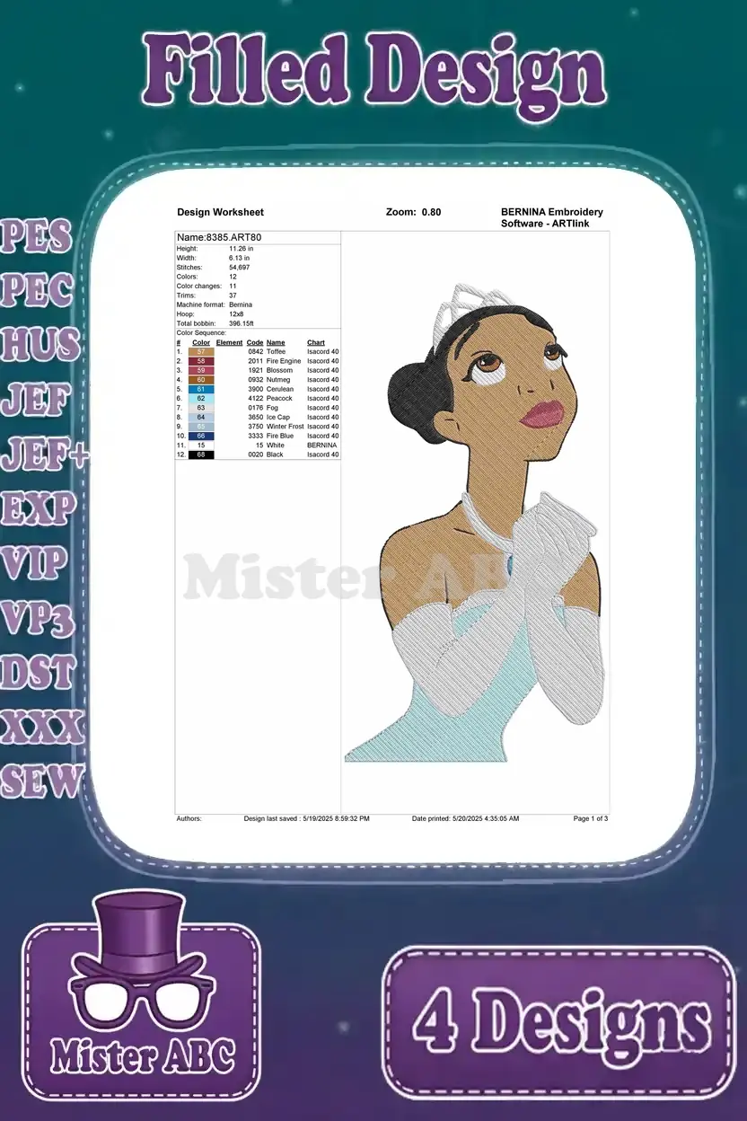 Detailed design worksheet for Princess Tiana embroidery, showing stitch count, color sequence, and thread information.