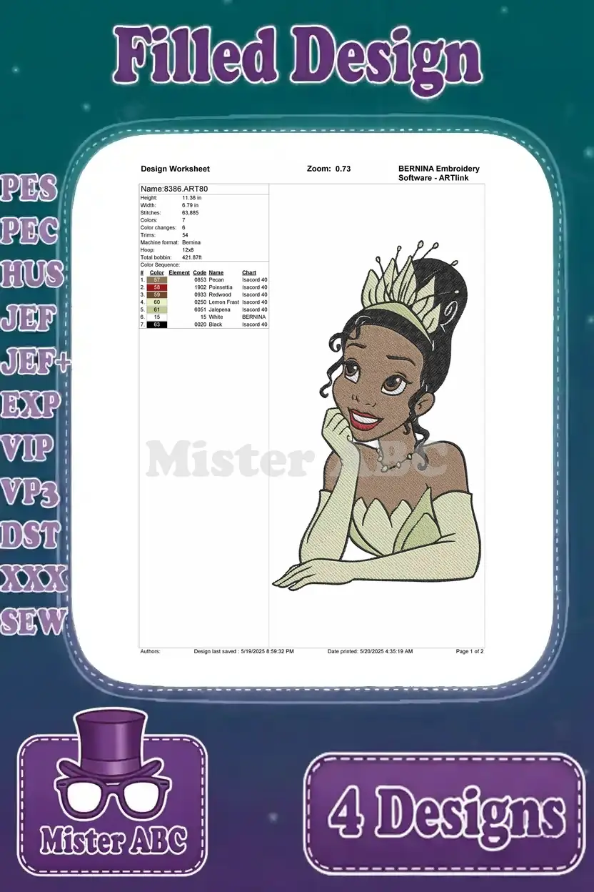 Worksheet for the second Princess Tiana design, detailing stitches, color changes, and thread chart for precise execution.