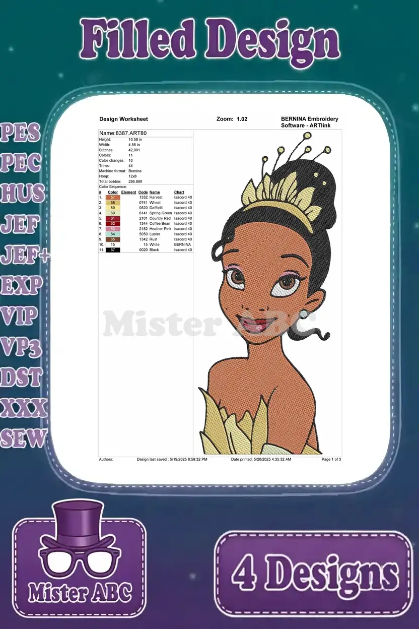 Detailed worksheet for the third Princess Tiana embroidery, showing thread colors, stitch counts, and hoop size.