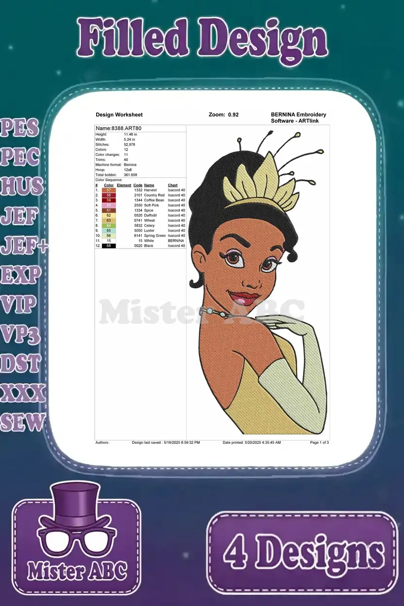 Worksheet for the fourth Princess Tiana design, providing stitch count, color information, and thread details.