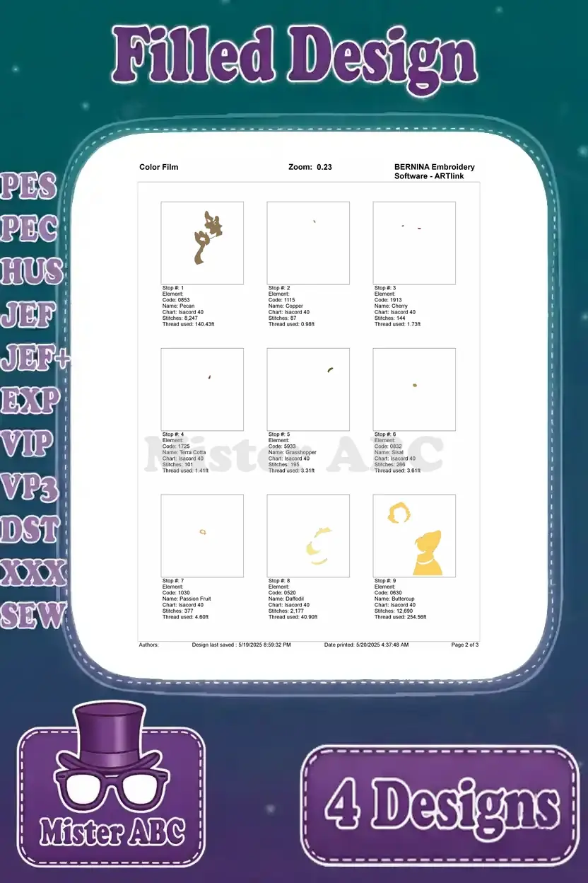 First page of the color film for the Tiana and Charlotte embroidery, outlining initial thread changes.
