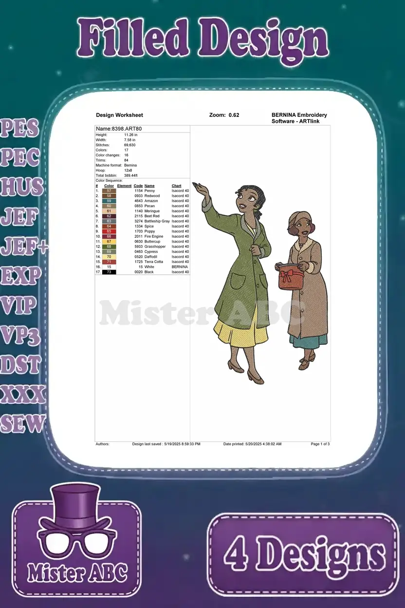 Detailed embroidery worksheet for Princess Tiana and Eudora, displaying stitch count and color sequence.