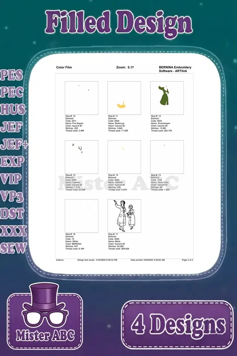 Second page of the color film for the Tiana and Eudora embroidery, detailing mid-sequence thread changes.