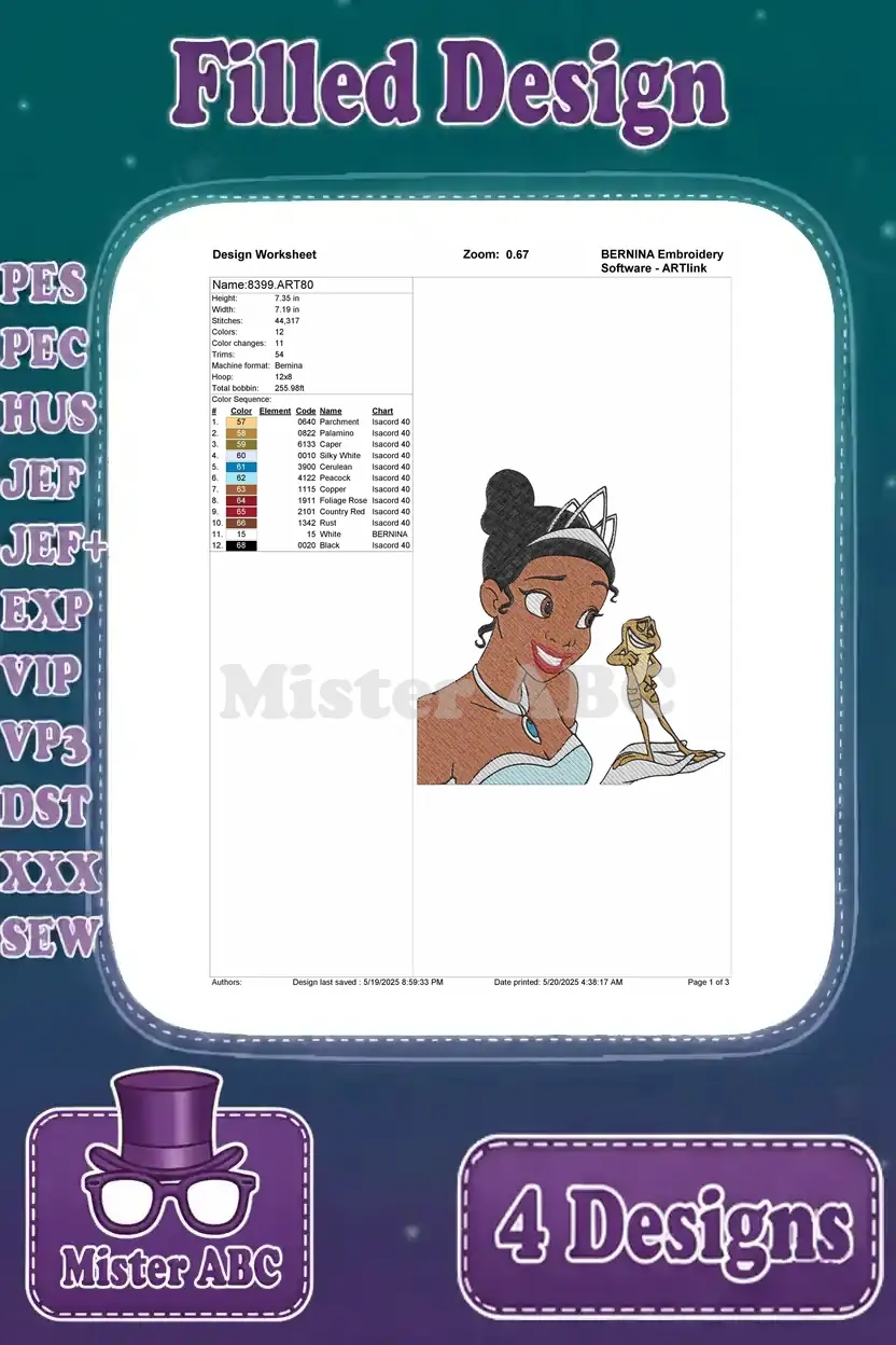 Third page of the color film for the Tiana and Eudora embroidery, detailing final thread changes.