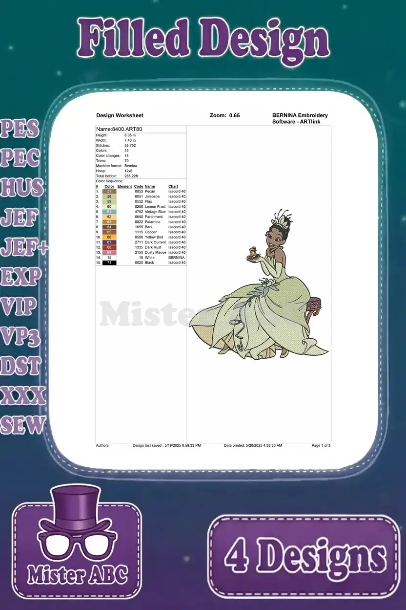 Second page of the color film for Princess Tiana and Naveen embroidery, detailing mid-sequence thread changes.