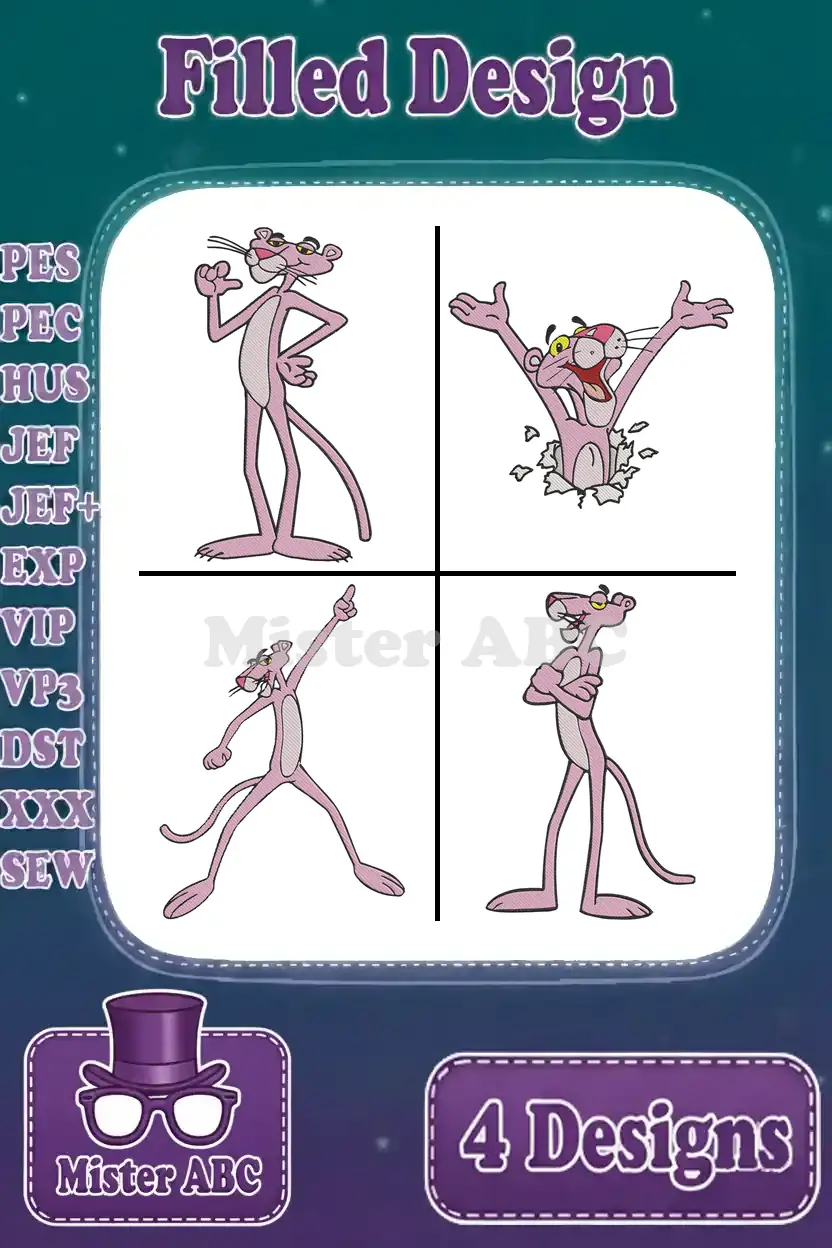 A vibrant Pink Panther embroidery bundle featuring four distinct filled designs ready for machine stitching projects.