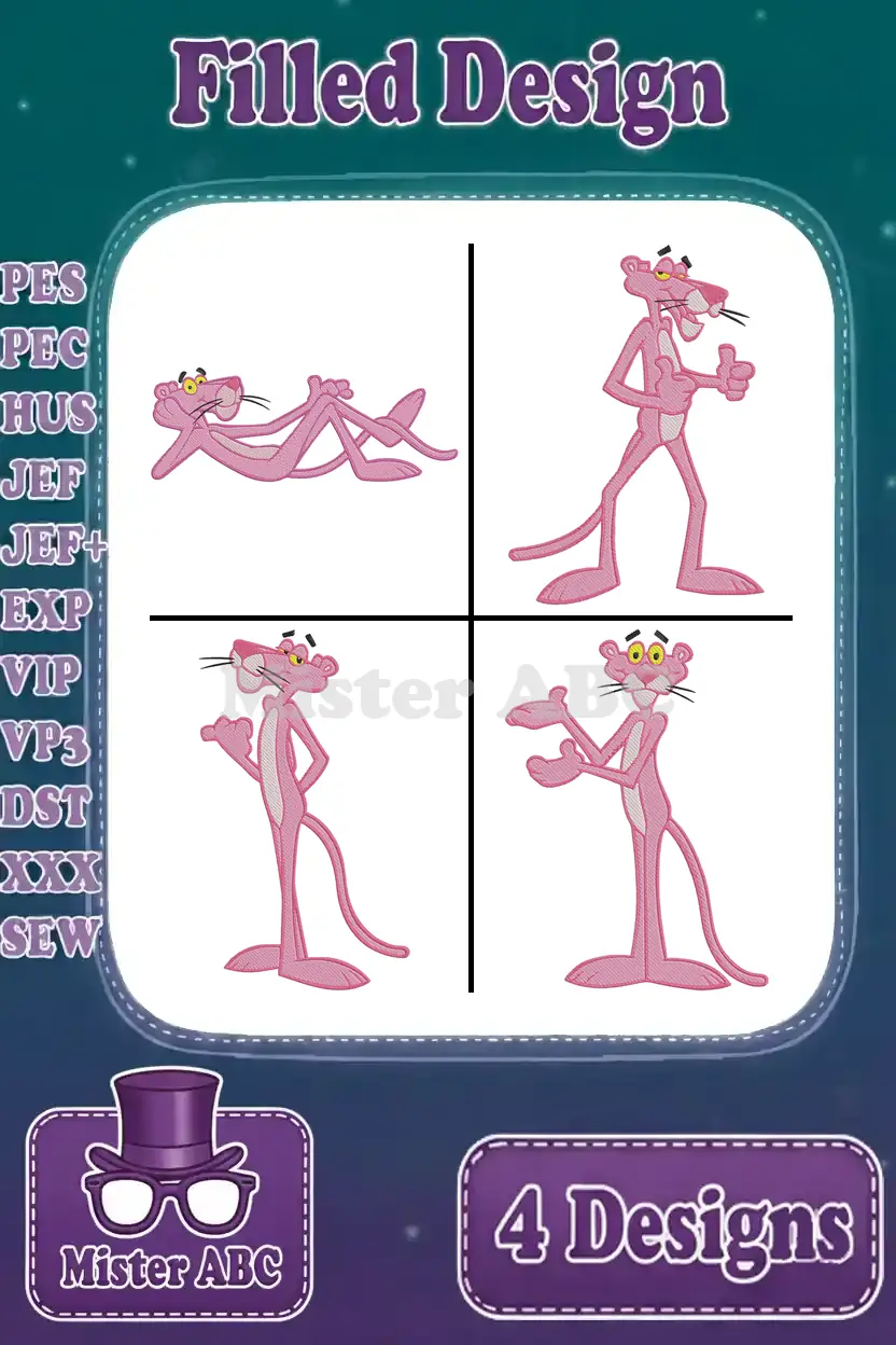 A vibrant collage of four unique Pink Panther filled embroidery designs, showcasing various playful poses on a starry background.